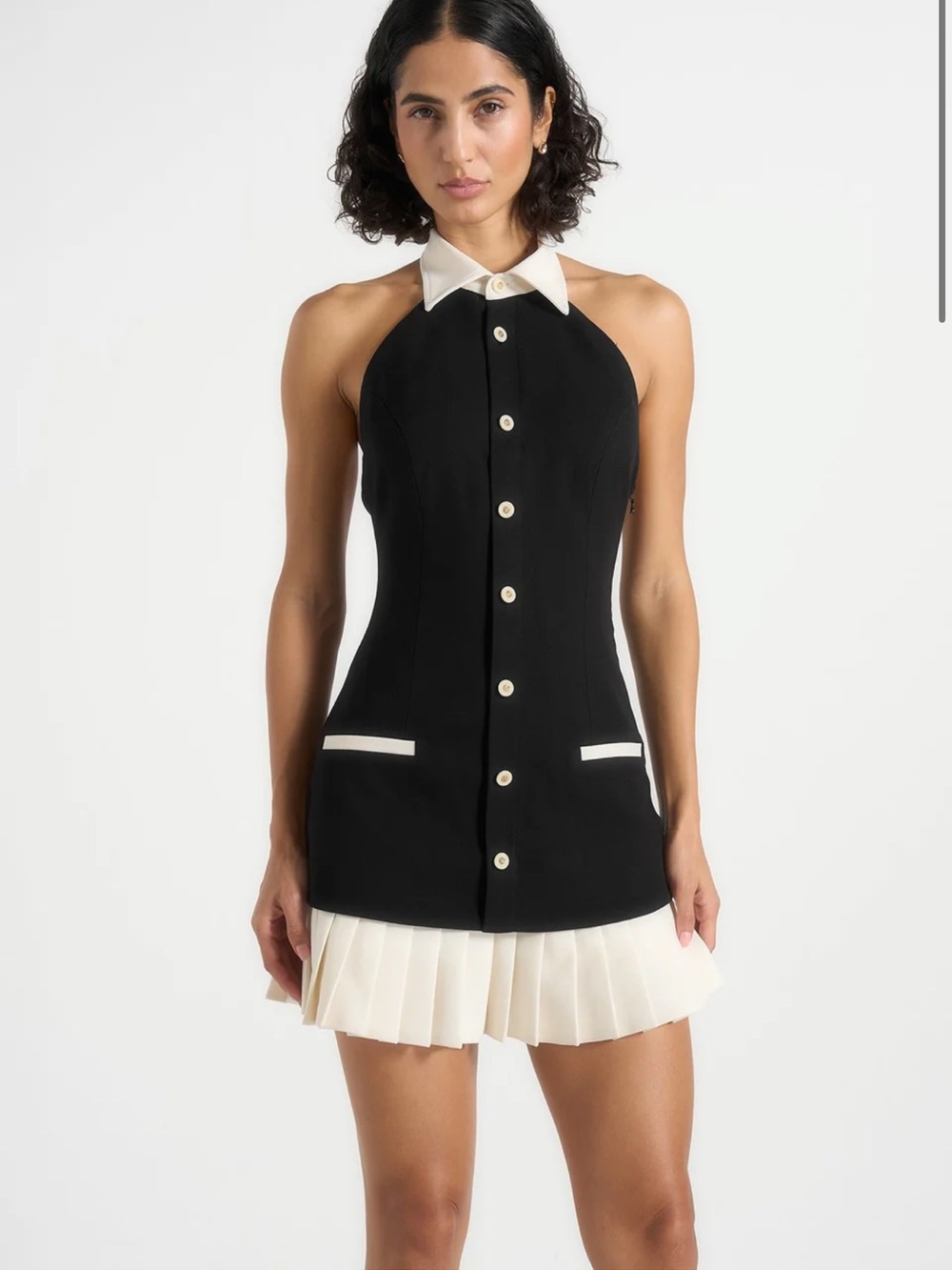 Manière De Voir Black Dress with White Collar and Pleated Hem - Picture 2 of 4